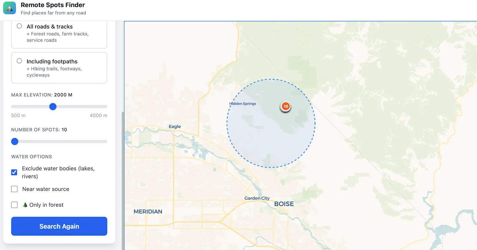 Remote Spots Finder showing remote wilderness locations in Idaho's River of No Return Wilderness