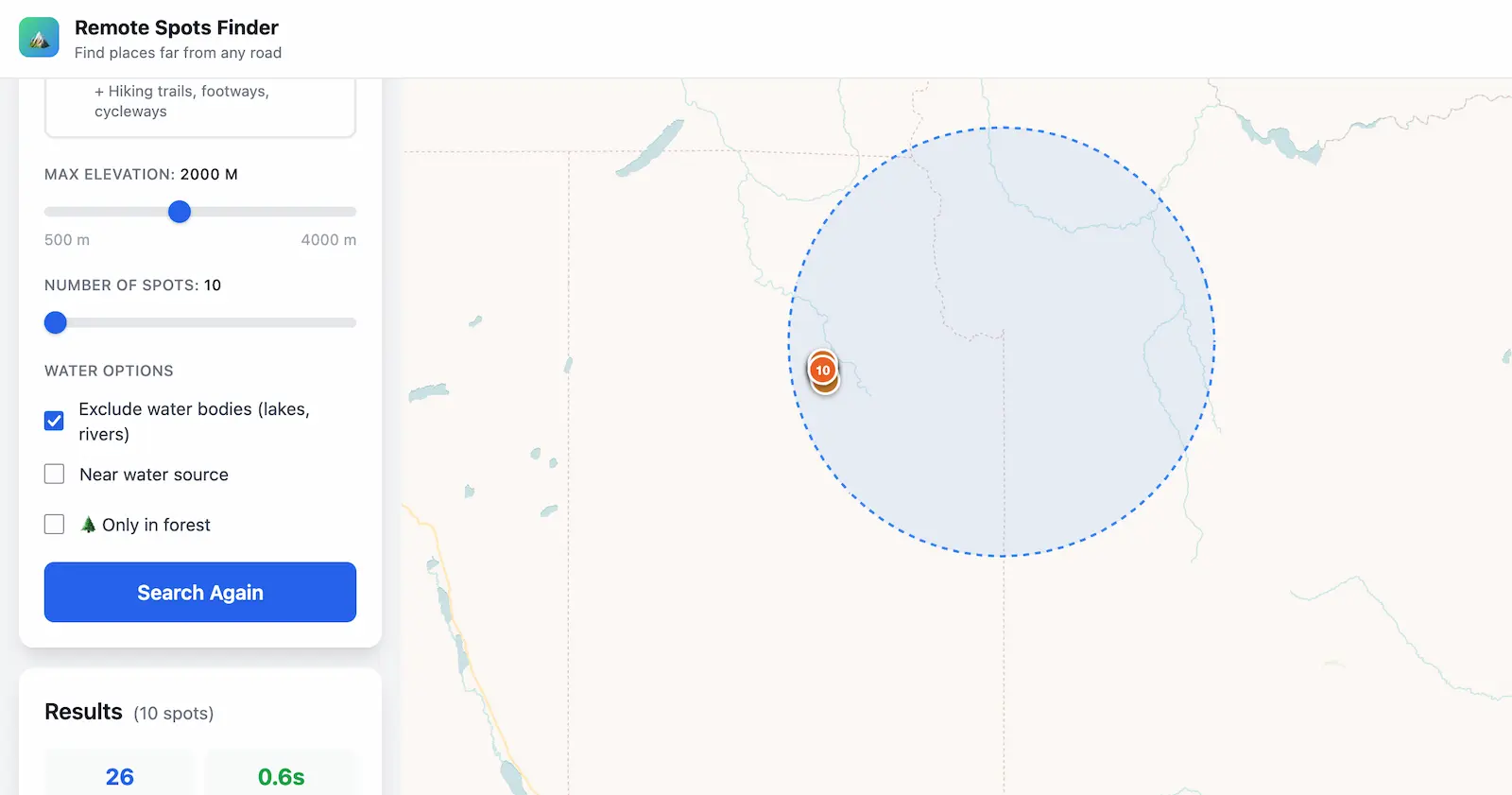 Remote Spots Finder showing remote wilderness locations in Montana's Bob Marshall Wilderness