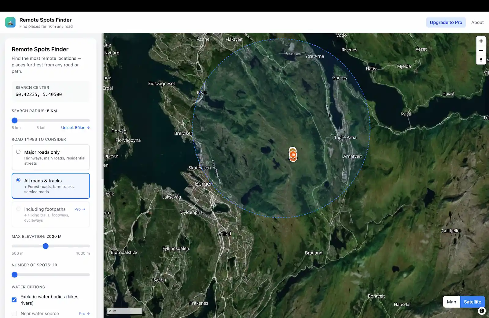 Remote Spots Finder showing remote locations in the Jotunheimen mountains, Norway