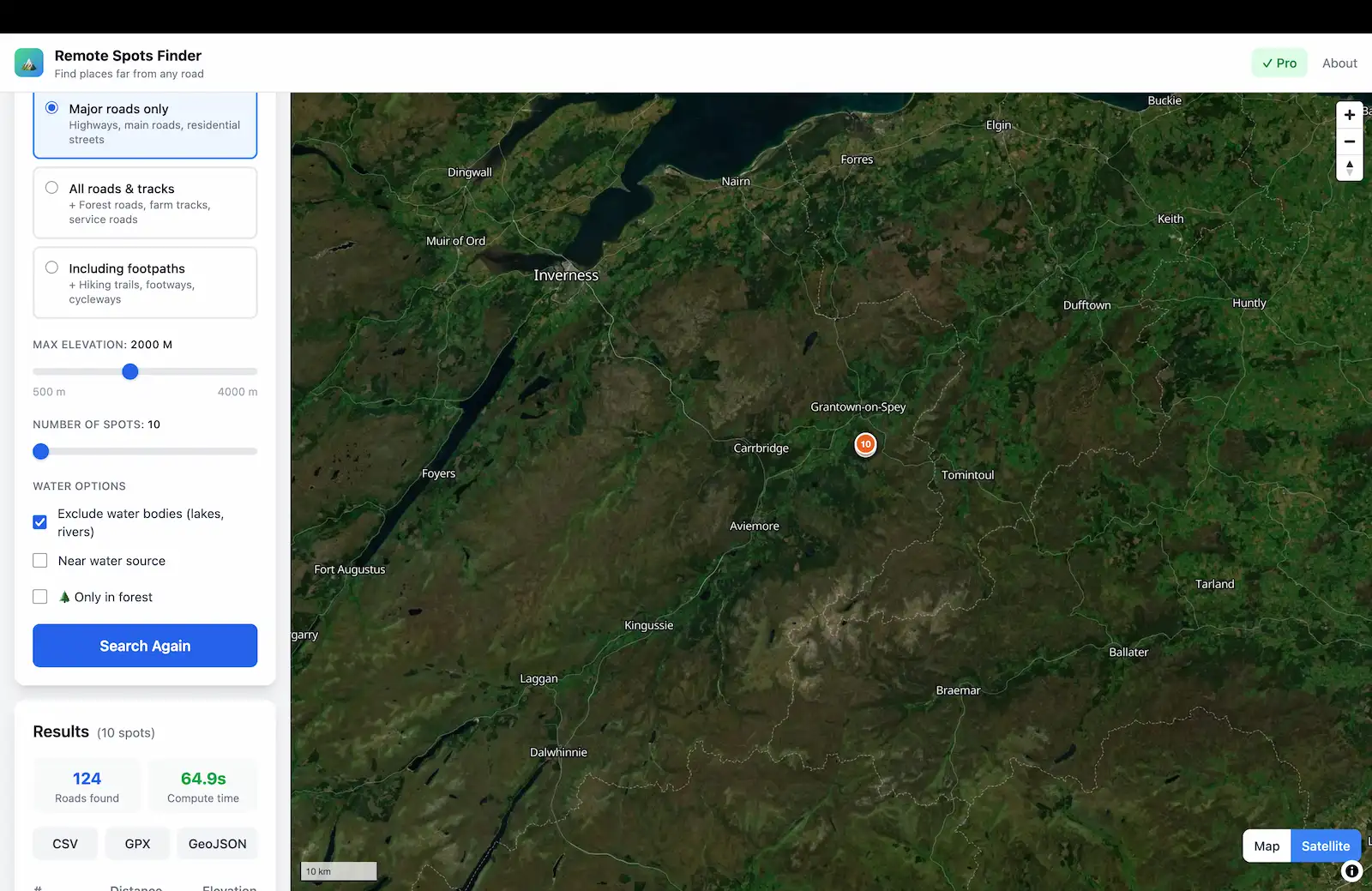 Remote Spots Finder showing remote locations in the Scottish Highlands near Glen Coe