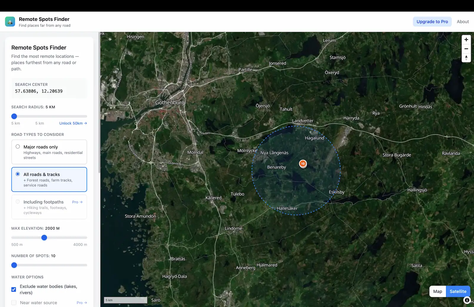 Remote Spots Finder showing remote locations in Swedish Lapland near Sarek National Park