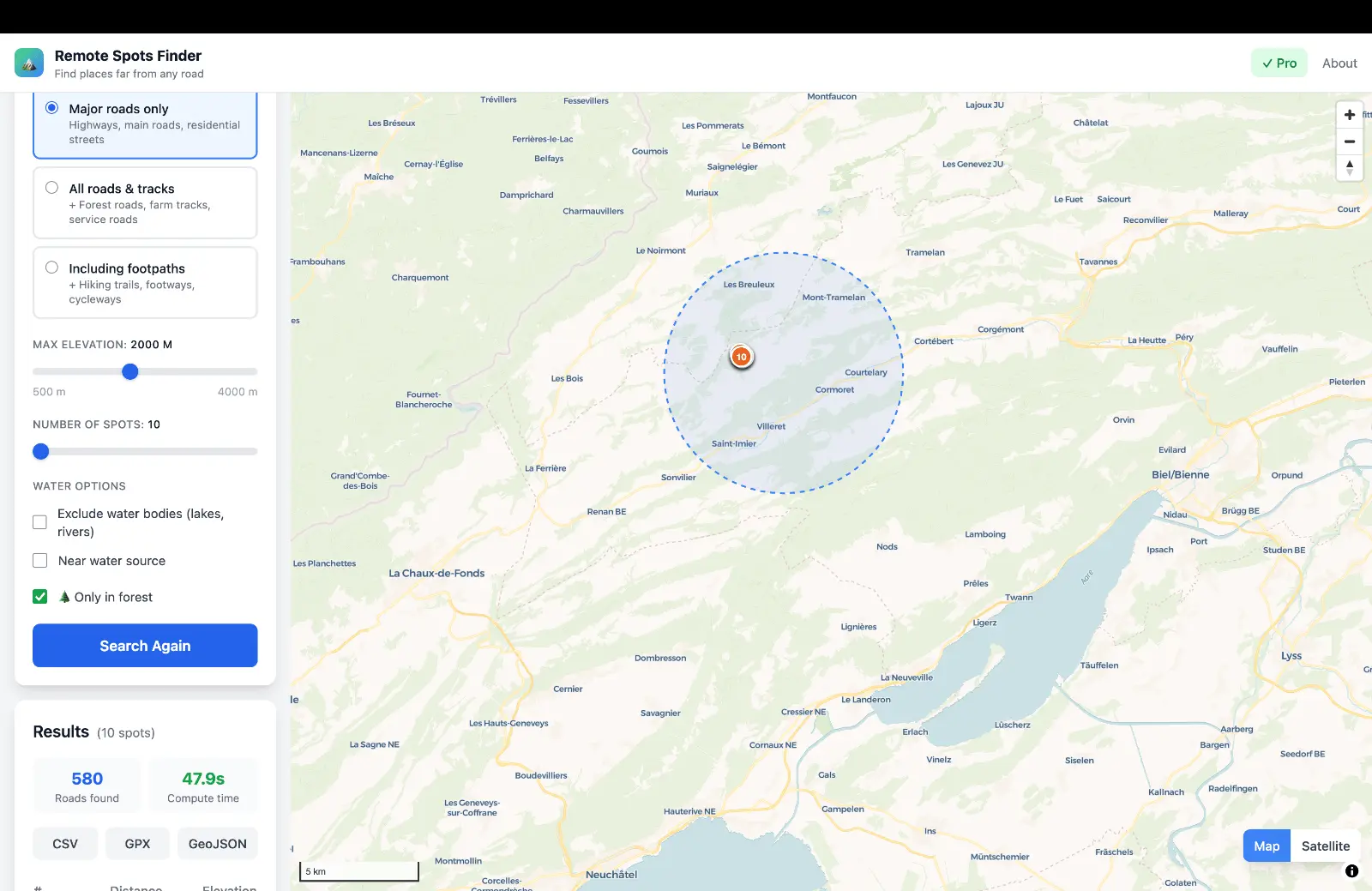 Remote Spots Finder showing remote locations in the Jura region near La Chaux-de-Fonds, Switzerland